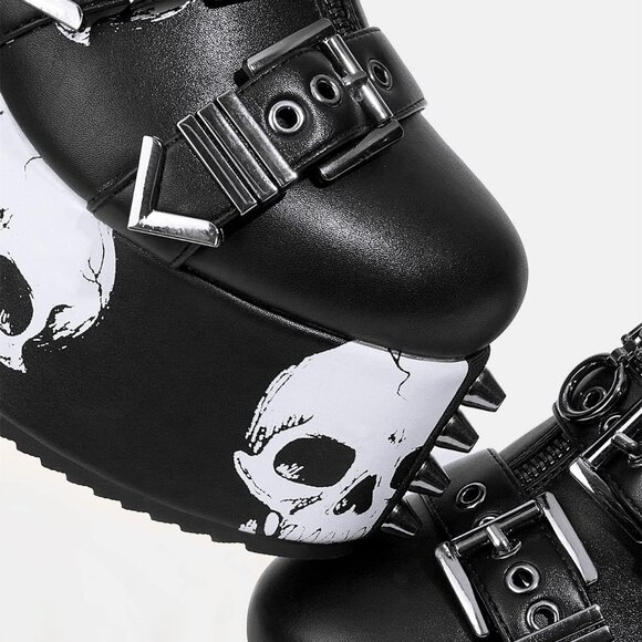 ⚡Women's Skull Design Silver Spiked Studs Chunky Platform Black Wedges Shoes - Picture 7 of 7